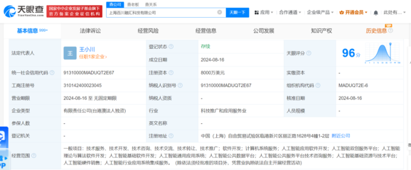 百川智能在上海成立新公司，注册资本8000万美元，发力人工智能理论突破与软件开发